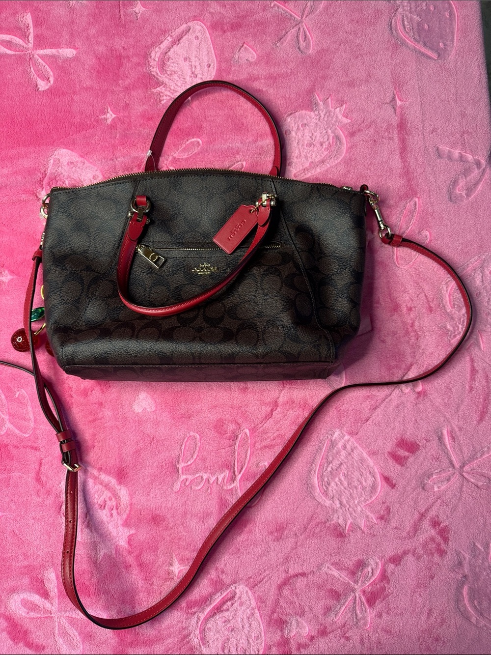 NWOT Coach Prairie Satchel Signature Canvas Brown Red Trim Cherry charm